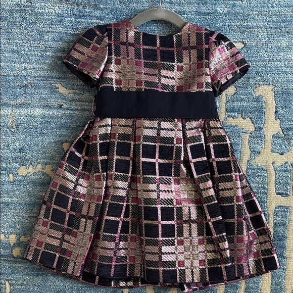 Il Gufo Girls Pink and Black Pleated A-line Dress with Puff Sleeves